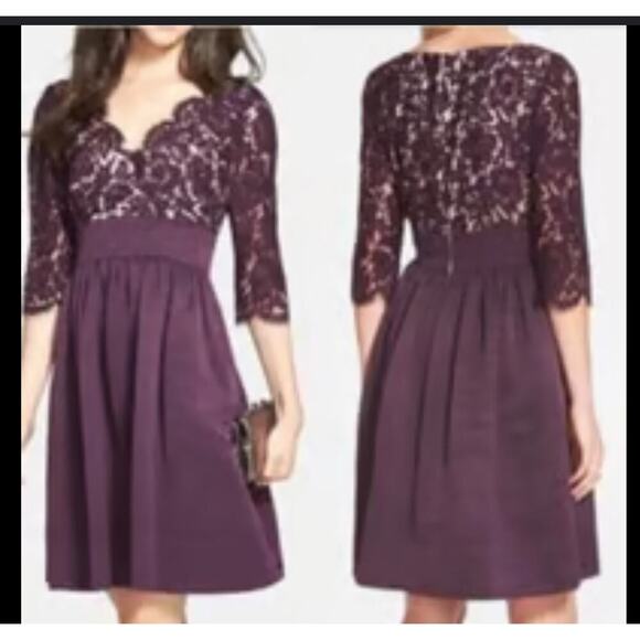 Eliza J mother of the bride cocktail dress deep grape purple lace V-neck SZ 12 - Picture 1 of 12